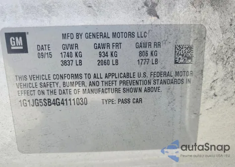 2016 Chevrolet Sonic Rs z USA, uszkodzony, nr VIN 1G1JG5SB4G4111030